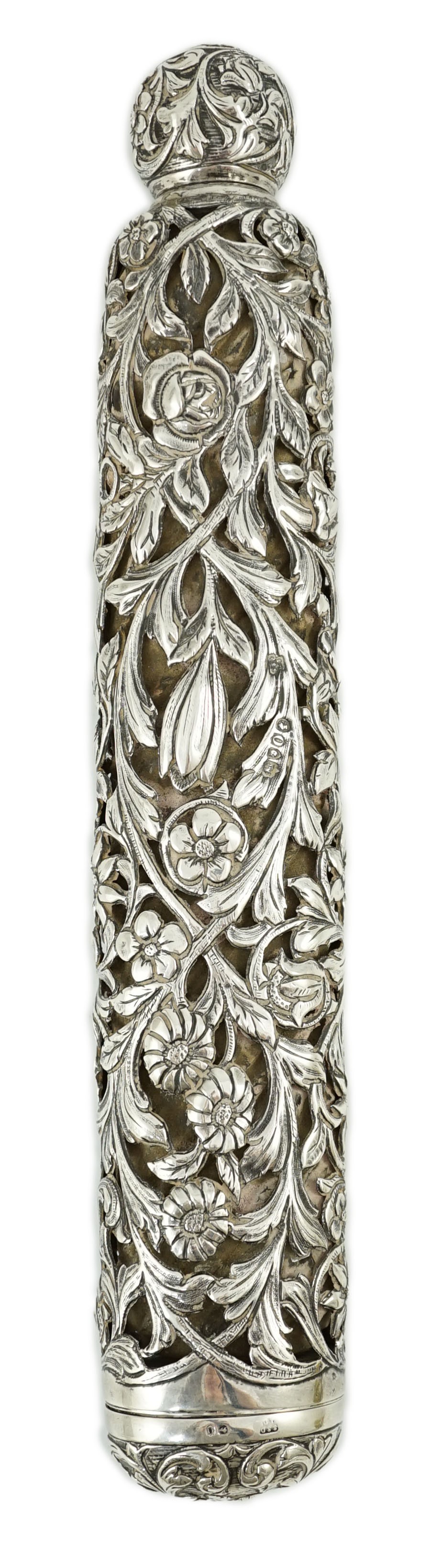 An unusual large late Victorian silver mounted glass combination scent bottle and vinaigrette, by Drew & Sons